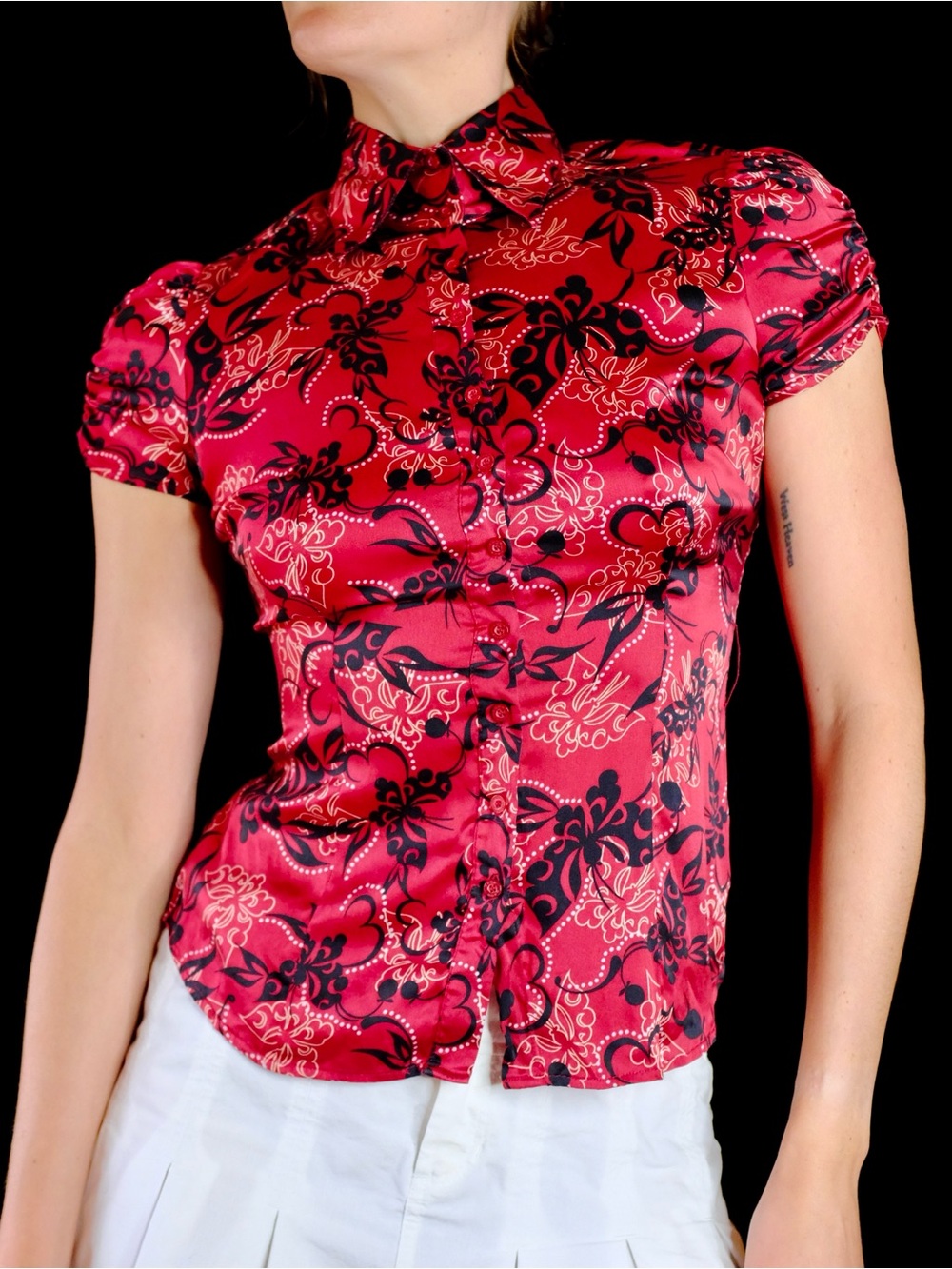 Vtg Y2K Bebe red butterfly silk cap sleeve blouse